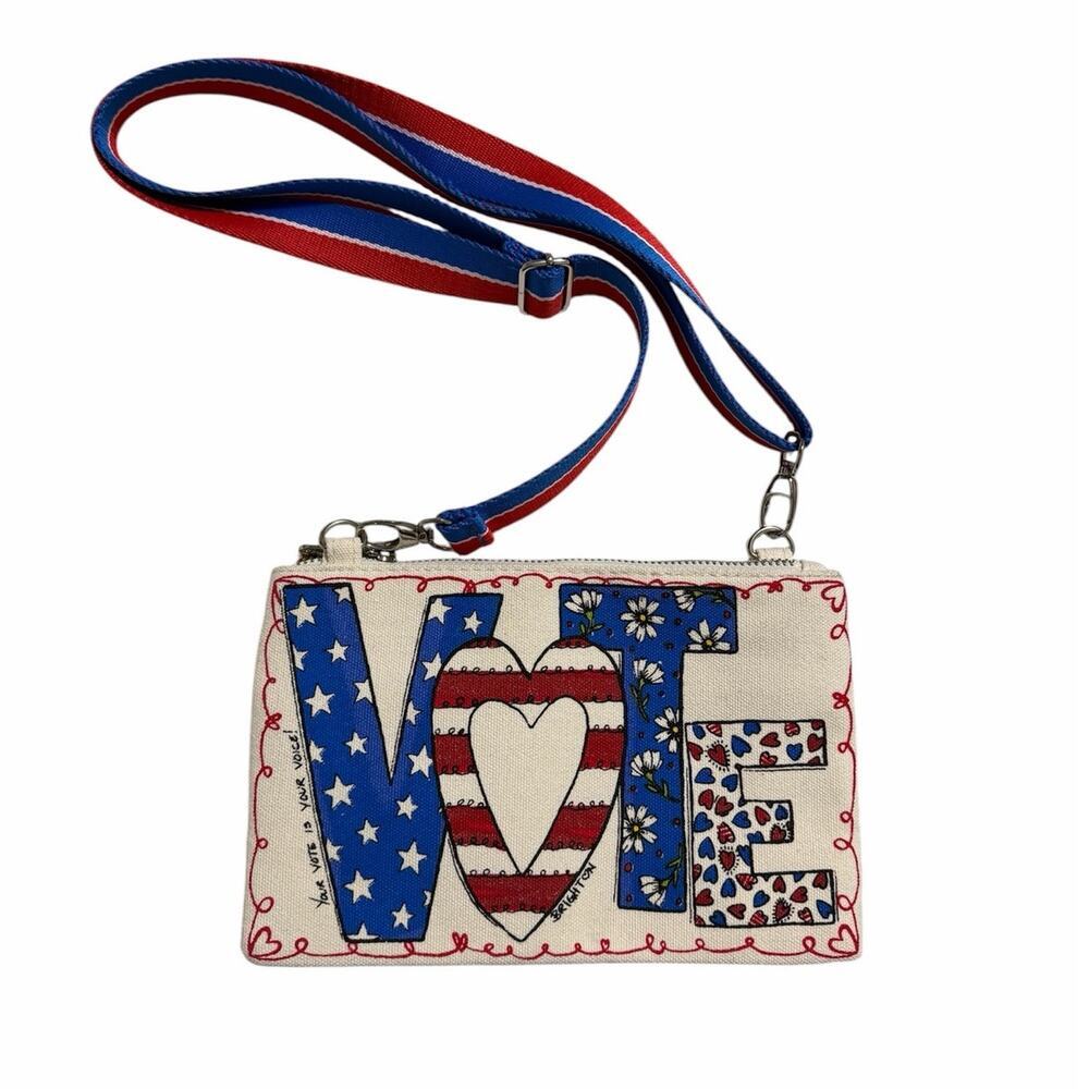 Brighton VOTE Crossbody Wristlet Americana Red White Blue Canvas Zip Bag